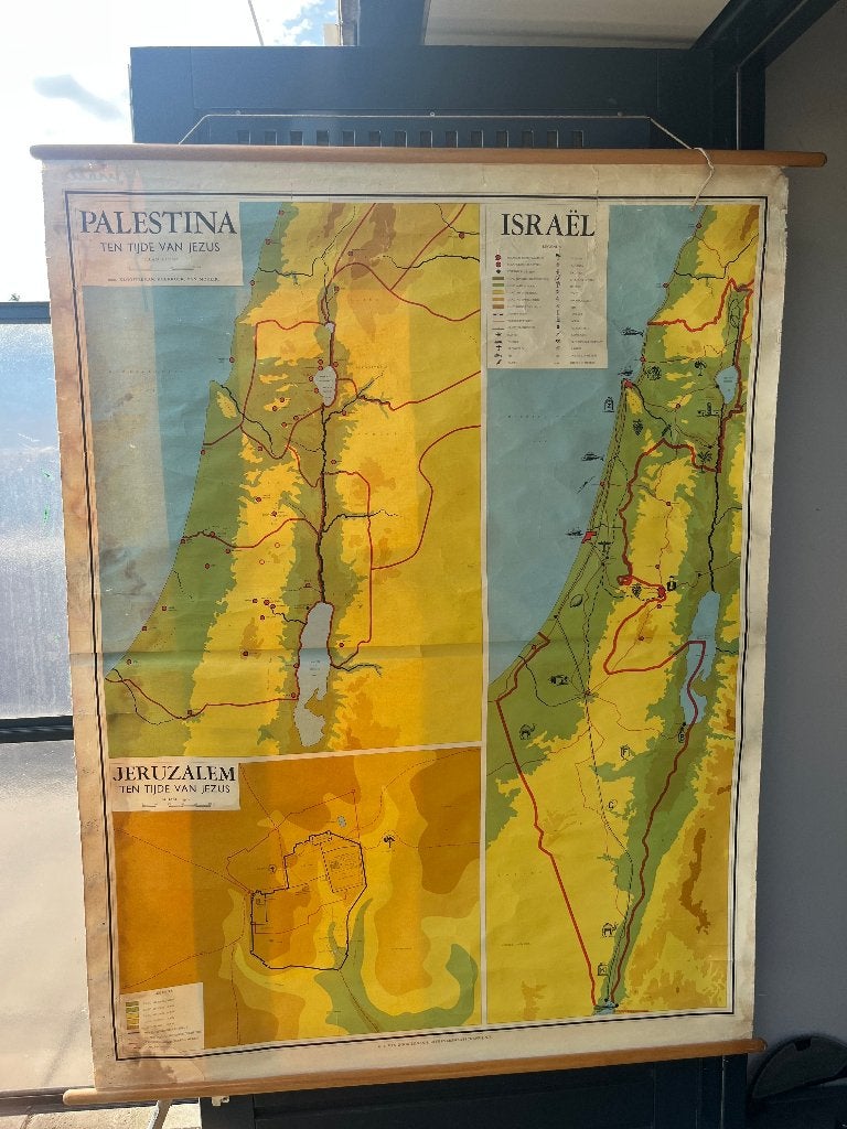Vintage schoolwandkaart Palestina, Israël, Antiek en Kunst, Antiek | Schoolplaten, Ophalen, Aardrijkskunde