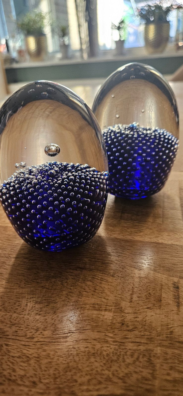 Decoratieve glazen eieren met blauwe bubbels (set van 2), Blauw, Ophalen of Verzenden, Zo goed als nieuw, Modern