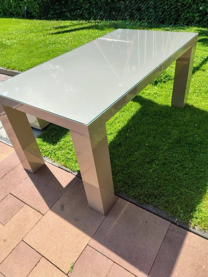 Salon tafel en eettafel met glasplaten. eric kuster stijl, Huis en Inrichting, Ophalen, 50 tot 100 cm, Zo goed als nieuw, 150 tot 200 cm