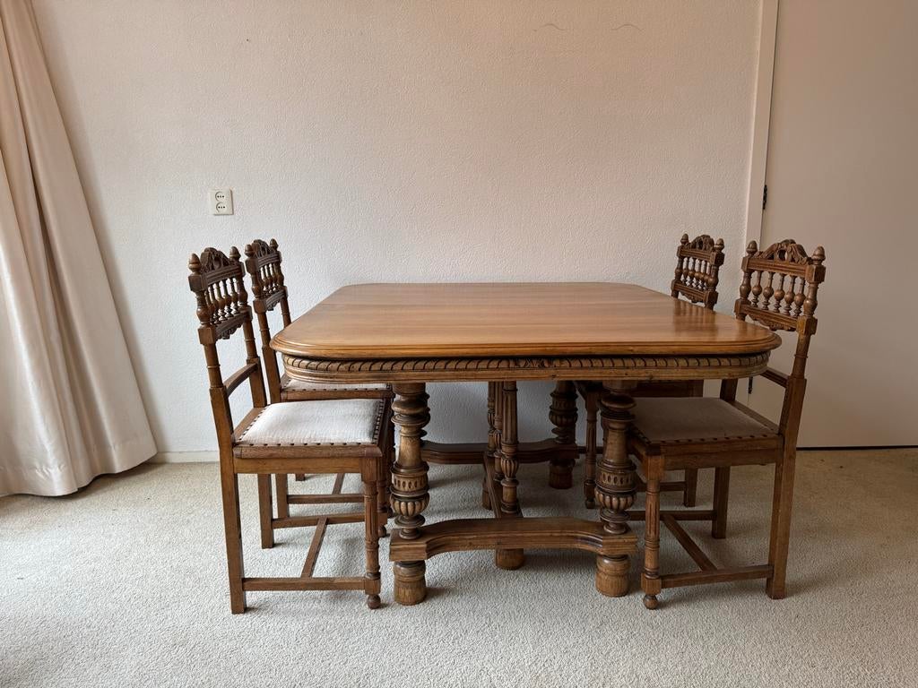 Houten eettafel met 5 stoelen, Antiek en Kunst, Antiek | Meubels | Tafels, Ophalen