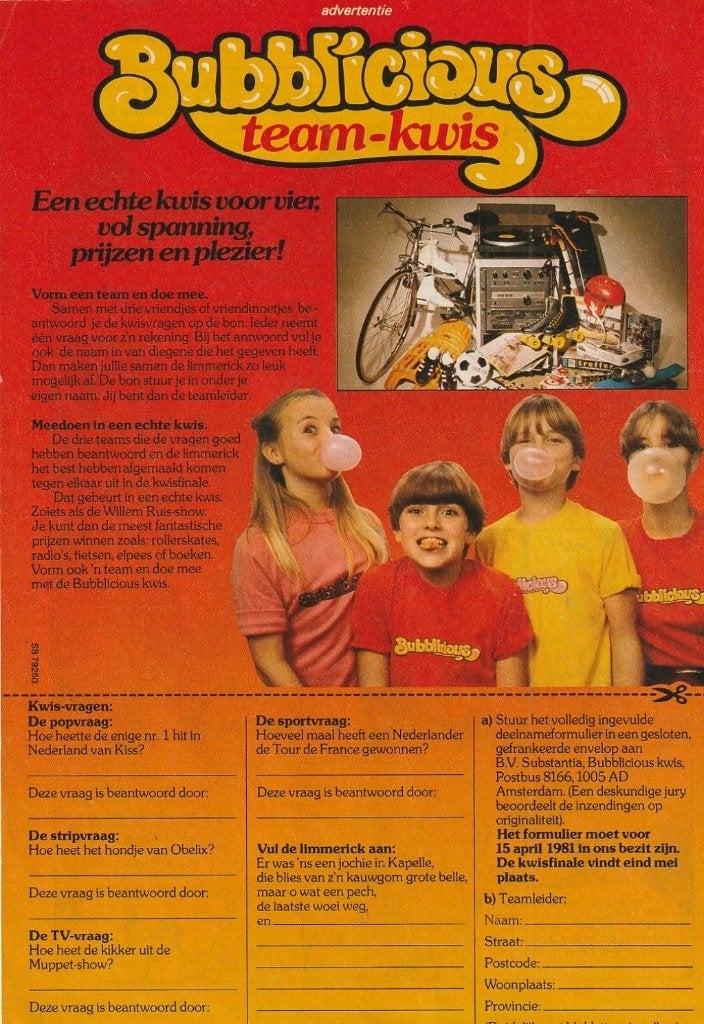 Retro reclame 1979 Bubblicious kauwgum de team kwis, Verzenden, Overige typen