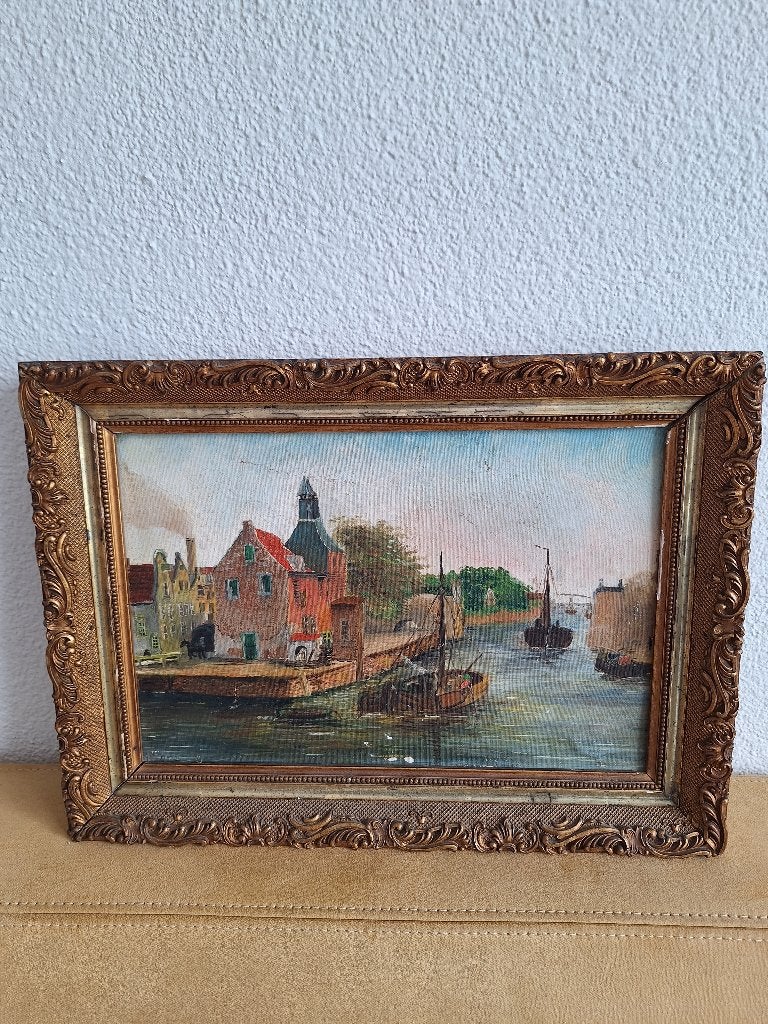 Oud Hollands Stadsgezicht aan Water - Olieverf op Paneel, Ophalen, Paneel, Oud hollands, Olieverf