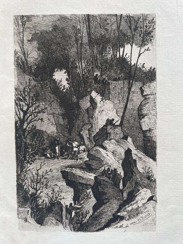Ets Amédée de Boret Groep soldaten op een klif (Frans) 1872, 33 cm, 1800 - 1899, Ets, Militair