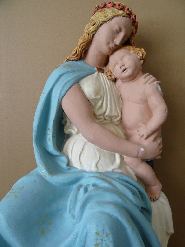 Antiek Mariabeeld de Moeder Gods met Jezus 51cm gips 1920, Antiek en Kunst, Ophalen of Verzenden