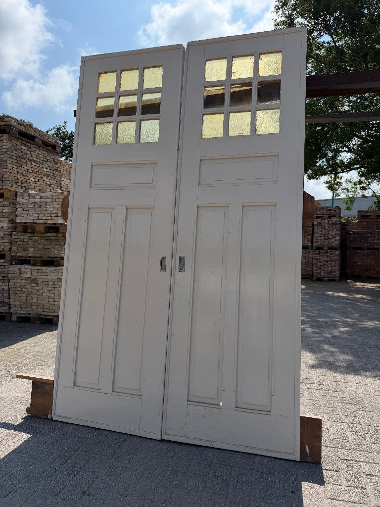 Set schuif / en-suite deuren met geel glas 248x150cm., Antiek en Kunst, Curiosa en Brocante, Ophalen