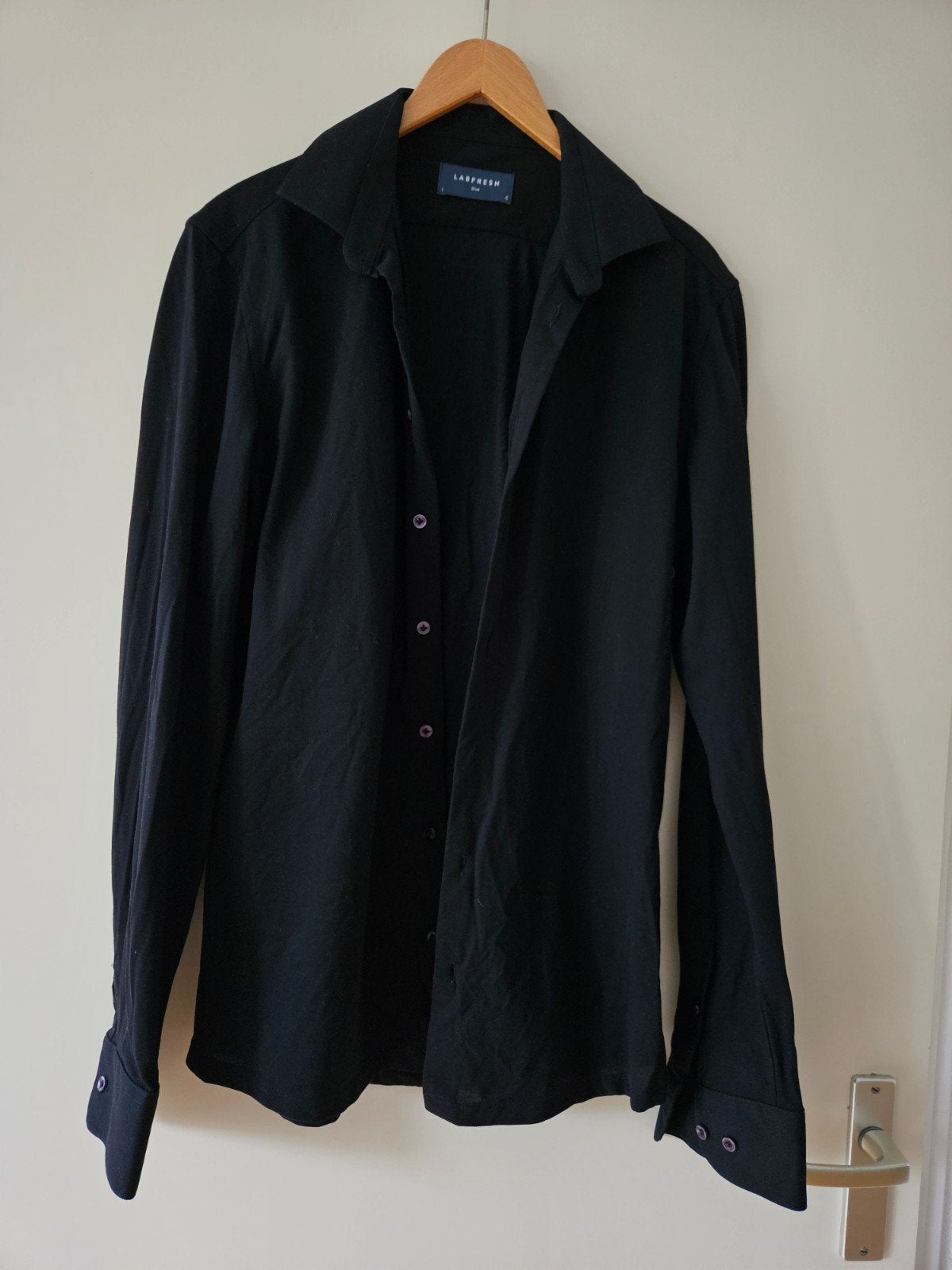 Zgan prachtig donkerzwart overhemd Labfresh slim mt L, Ophalen of Verzenden, Zo goed als nieuw, Blauw, Halswijdte 41/42 (L)