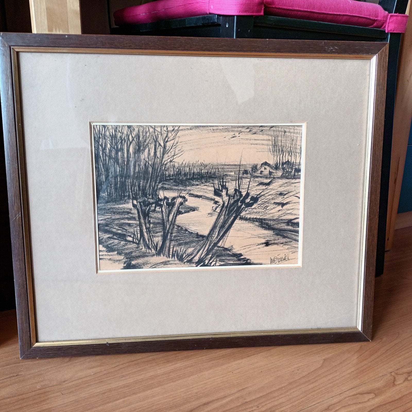 Knotwilgen in landschap, krijt tekening, gesigneerd r.o., Antiek en Kunst, Ophalen of Verzenden