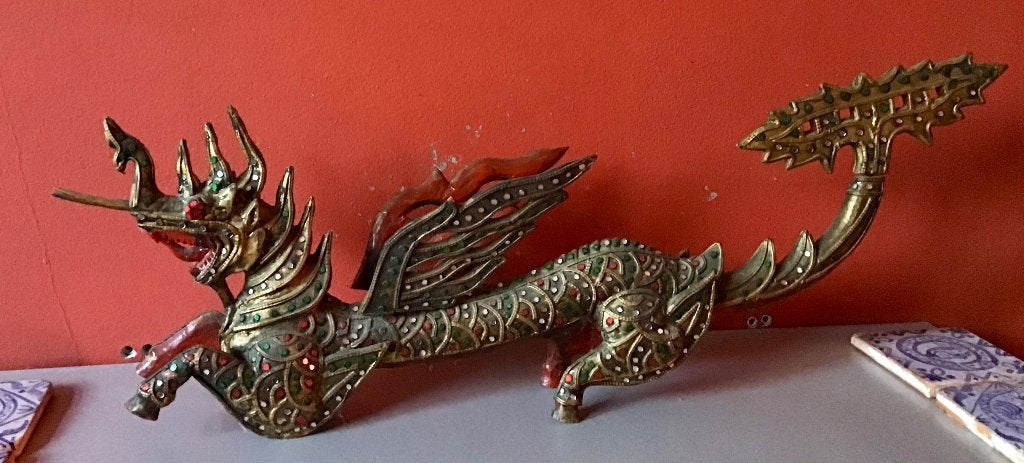 Chineze Draak / Qilin - origineel houtsnijwerk, lengte 65 cm, Antiek en Kunst, Overige onderwerpen, Houtsnijwerk, Hout, Azië