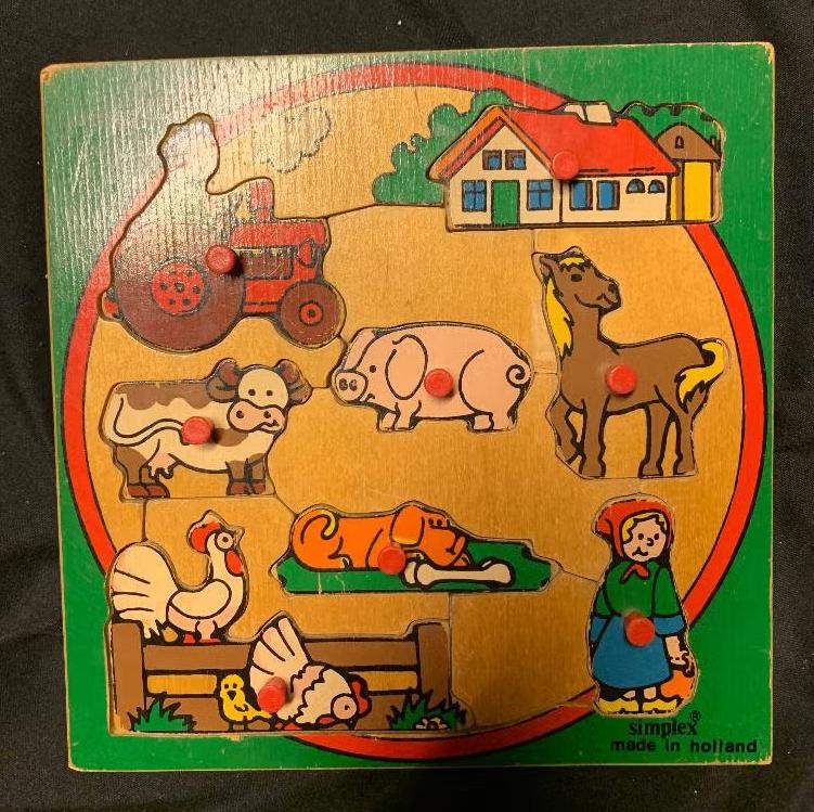 Houten kinderpuzzel, puzzel van boerderijdieren, boerderij, Ophalen of Verzenden, Minder dan 10 stukjes, Zo goed als nieuw, Van hout