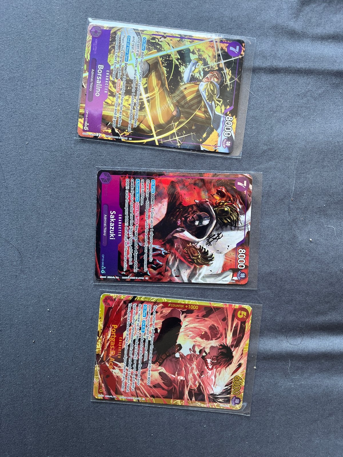 One Piece Kaarten: Borsalino, Sakazuki, Bonney (Foil), Ophalen of Verzenden, Zo goed als nieuw, Meerdere kaarten, Foil