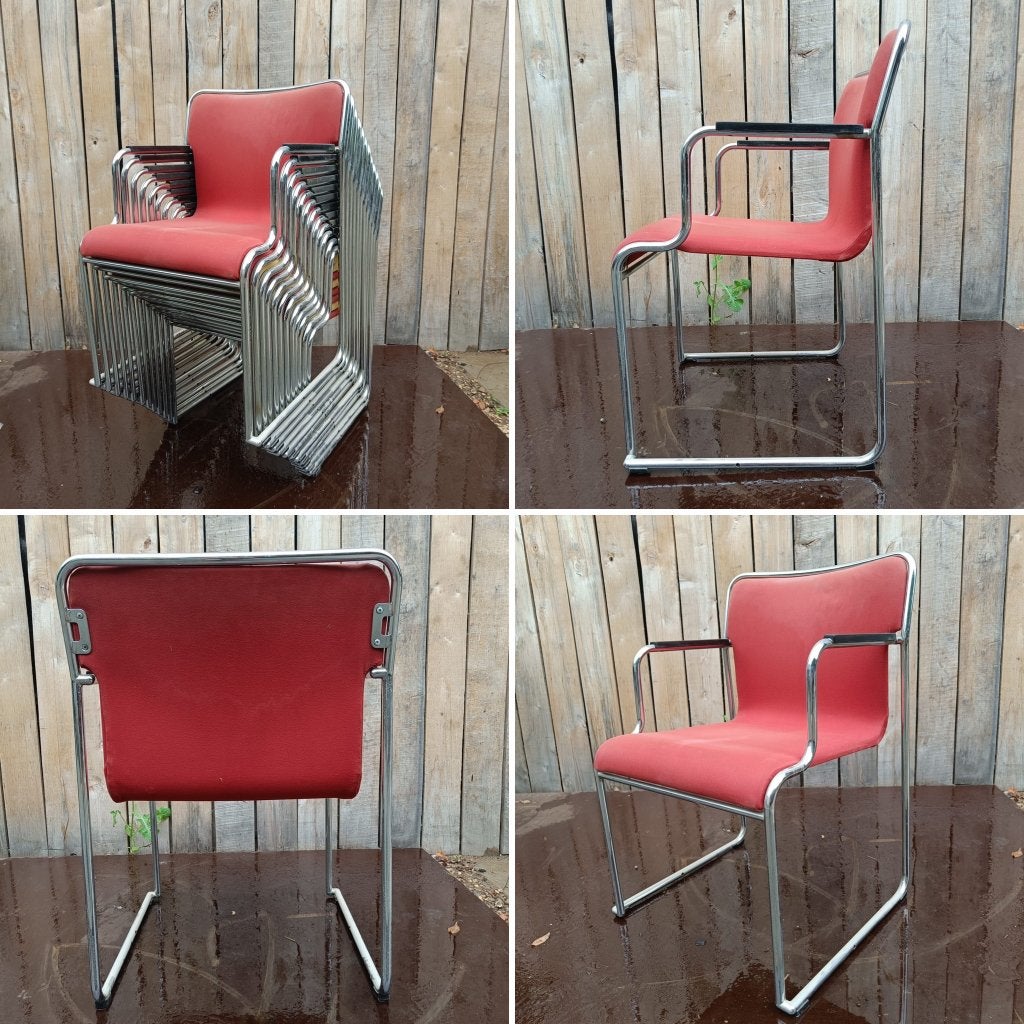 rode Chrome buisstoelen ( 13 op voorraad), Gebruikt, Dé Caddilac onder de stoelen , deze rode Chrome buisstoelen, Kunststof, Ophalen of Verzenden