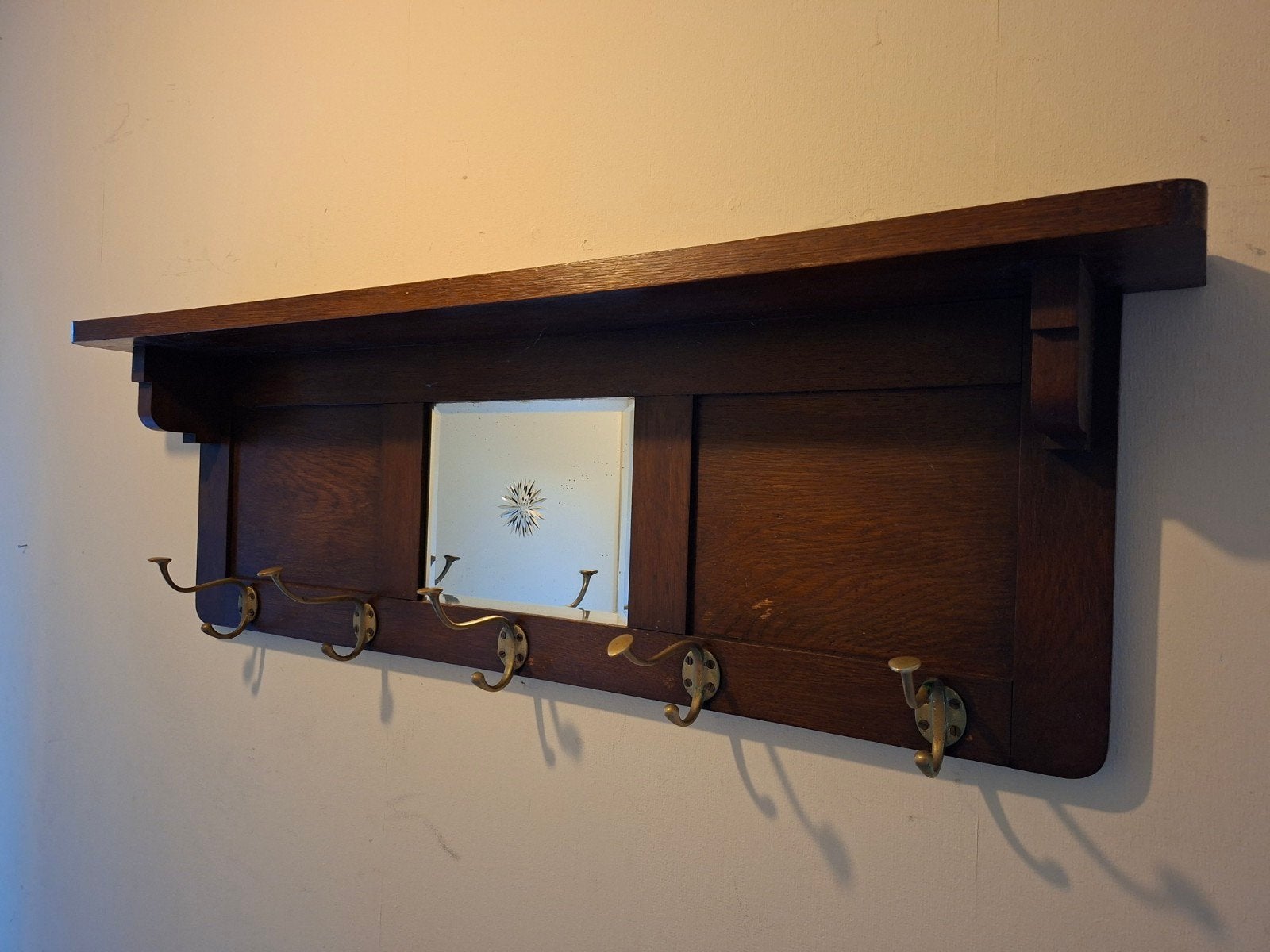 Massief houten wandkapstok met spiegel en 6 haken, Gebruikt, Minder dan 100 cm, Hout, Ophalen