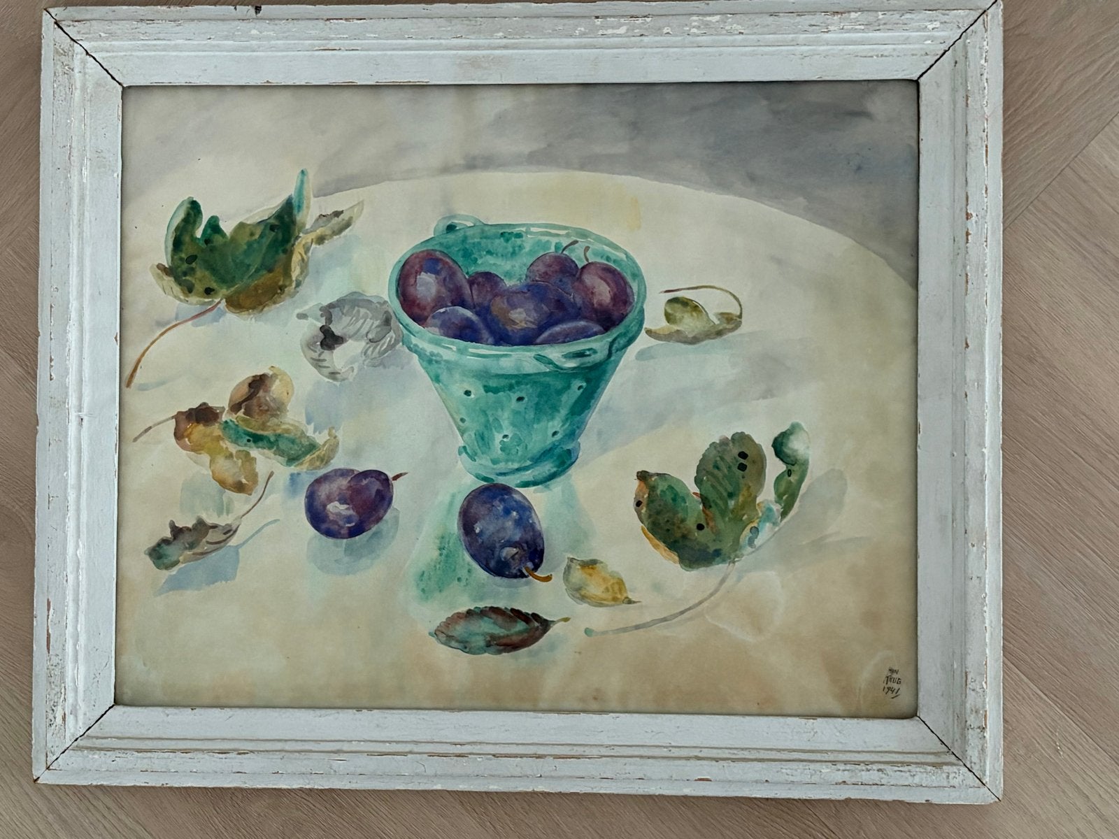 Vintage aquarel stilleven met pruimen en bladeren, 1941, Antiek en Kunst, Kunst | Schilderijen | Klassiek, Stilleven, Ophalen of Verzenden