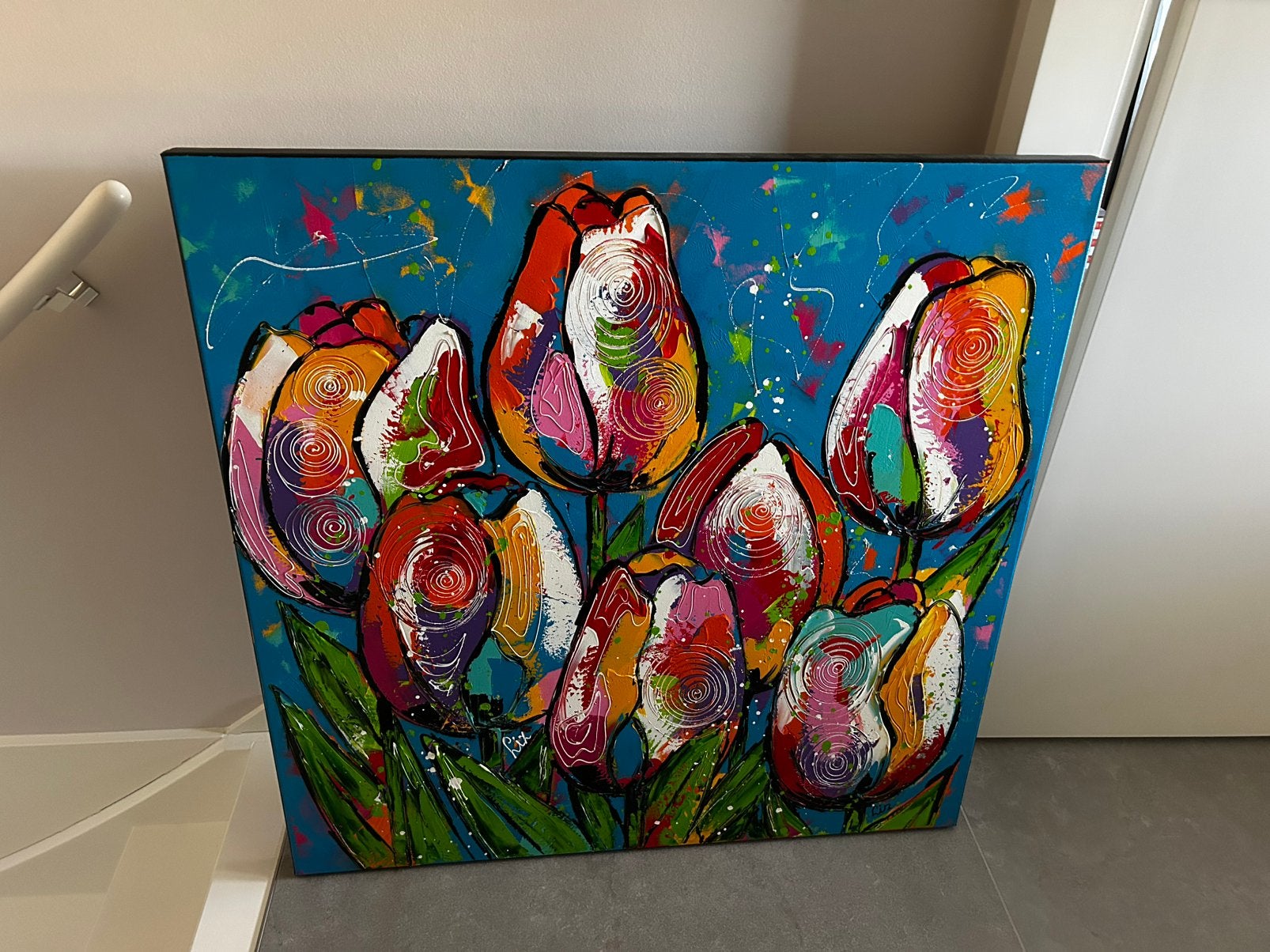Vrolijk Schilderij met tulpen, gesigneerd Liz, Ophalen