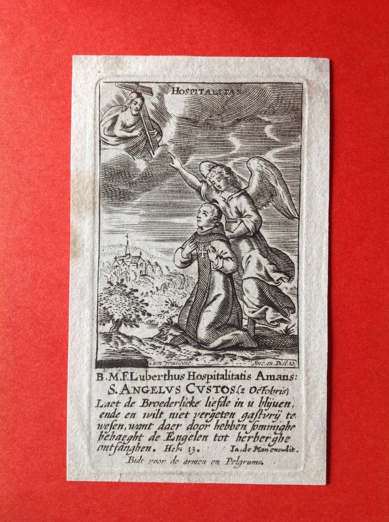 17e Gravure Engelbewaarder gesign Ia. De Man, 10 cm, Gesigneerd, Religie, Ophalen of Verzenden