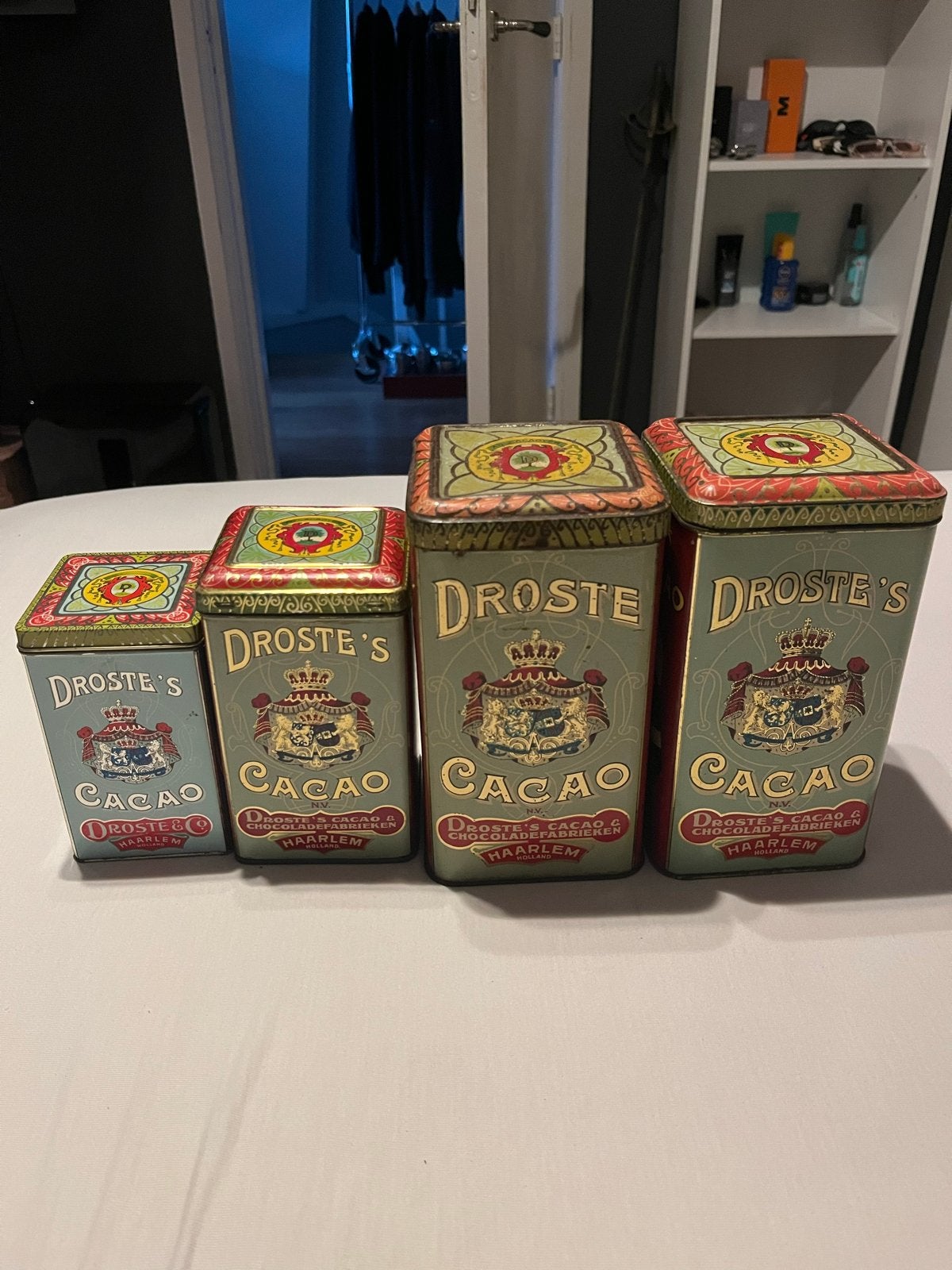 Set van 4 vintage Droste cacao blikken - zeldzaam, Ophalen of Verzenden
