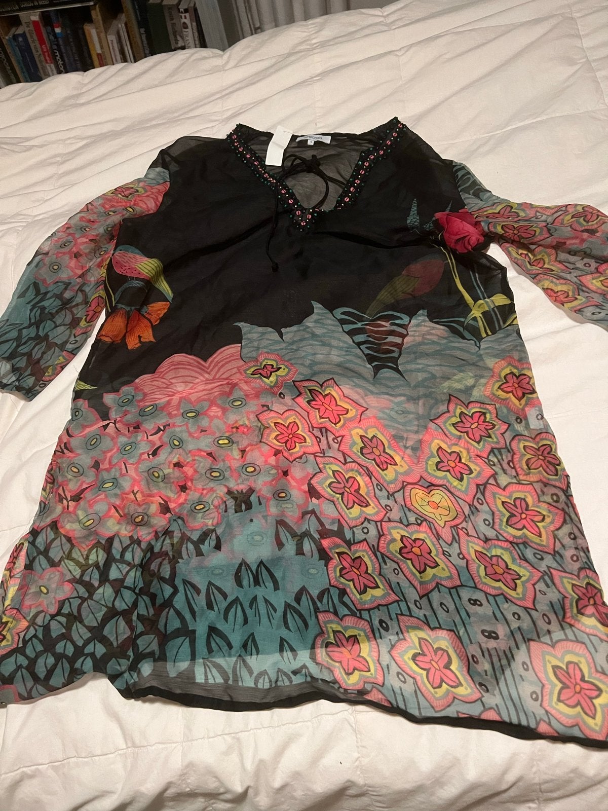 Prachtig strand tuniek met bloemenprint - Maat L, Verzenden, Zo goed als nieuw, Maat 42/44 (L), Meerkleurig
