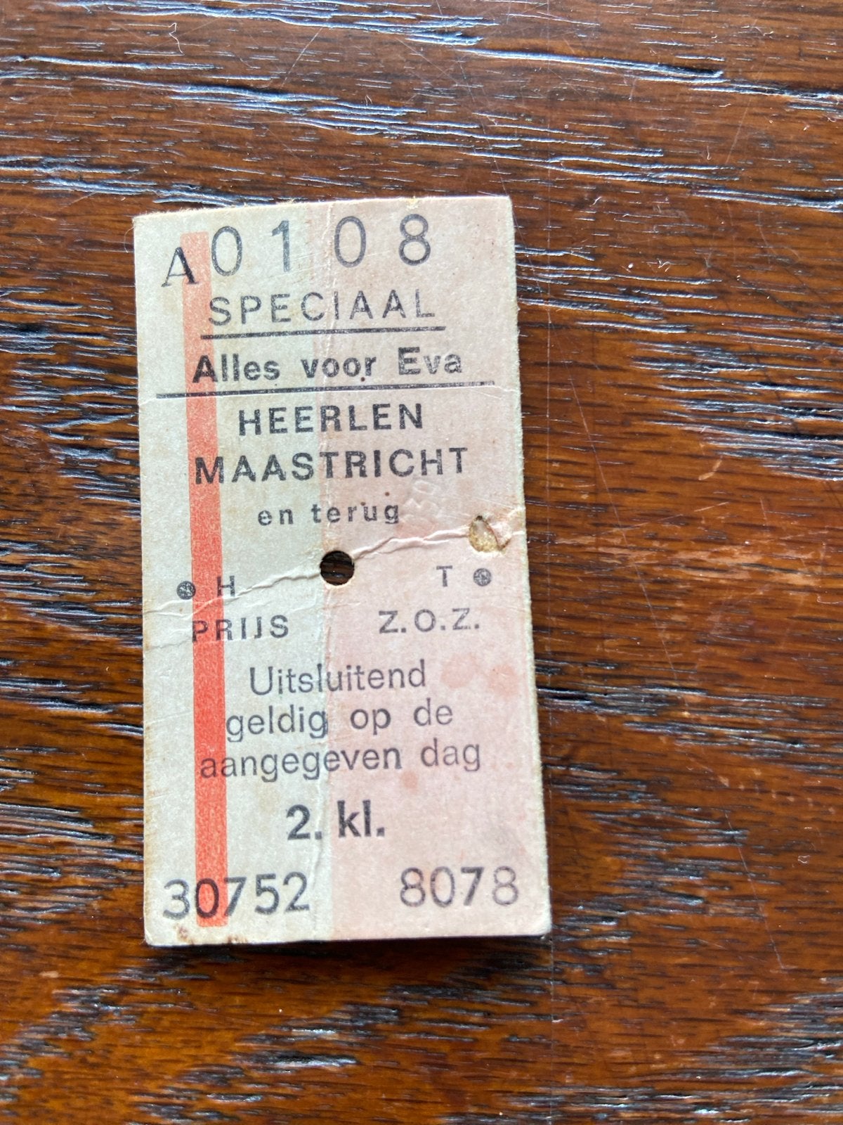 Alles voor Eva treinkaartje Heerlen-Maastricht 1975, Tickets en Kaartjes, Eén persoon