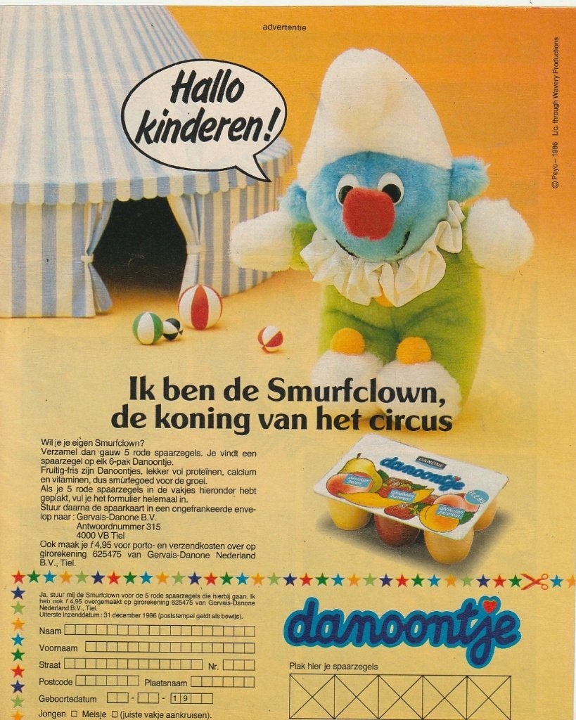 retro reclame 1986 Danoontje zuivel knuffel Smurf clown, Verzenden, Overige typen