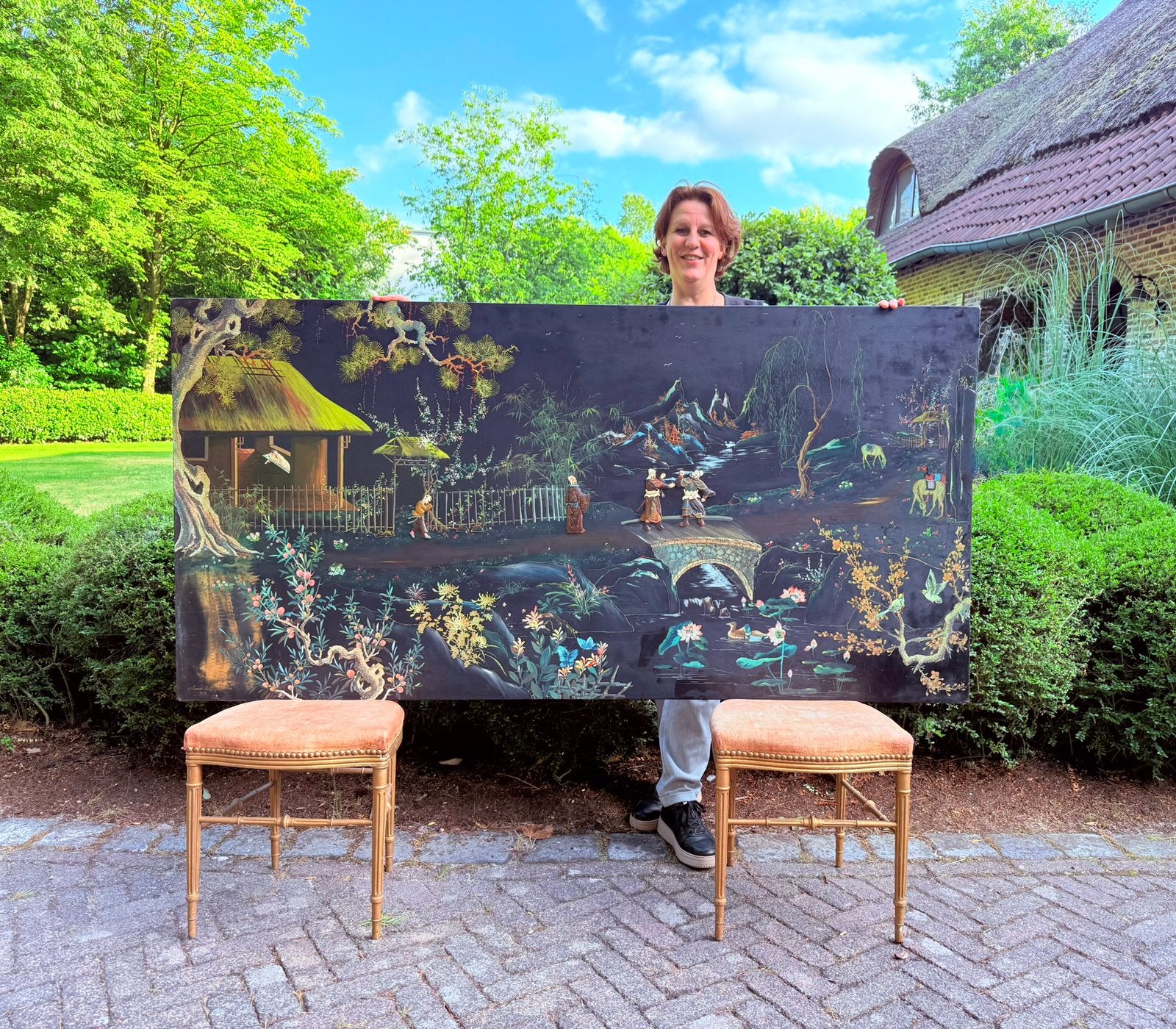 1960s Zwart gelakt Aziatisch Wandpaneel - linnen op Hout, Ophalen, Gebruikt, Oosters, 93 cm