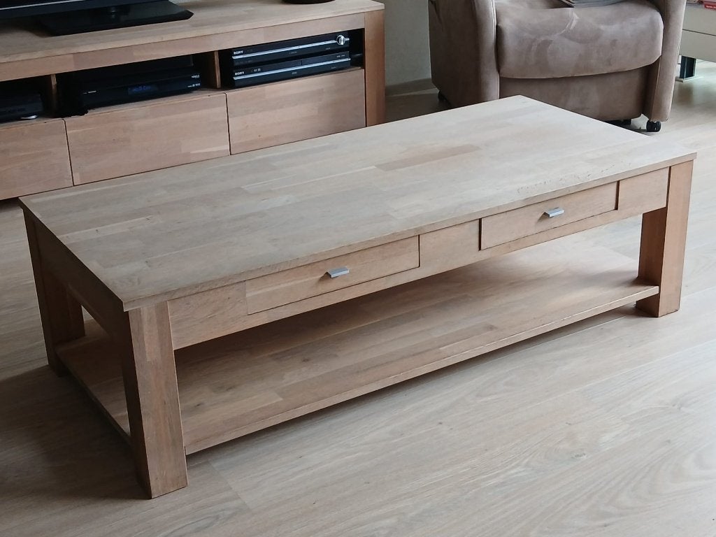 Woood salontafel met lades en opbergruimte, Ophalen, Gebruikt, 100 tot 150 cm, 50 tot 100 cm