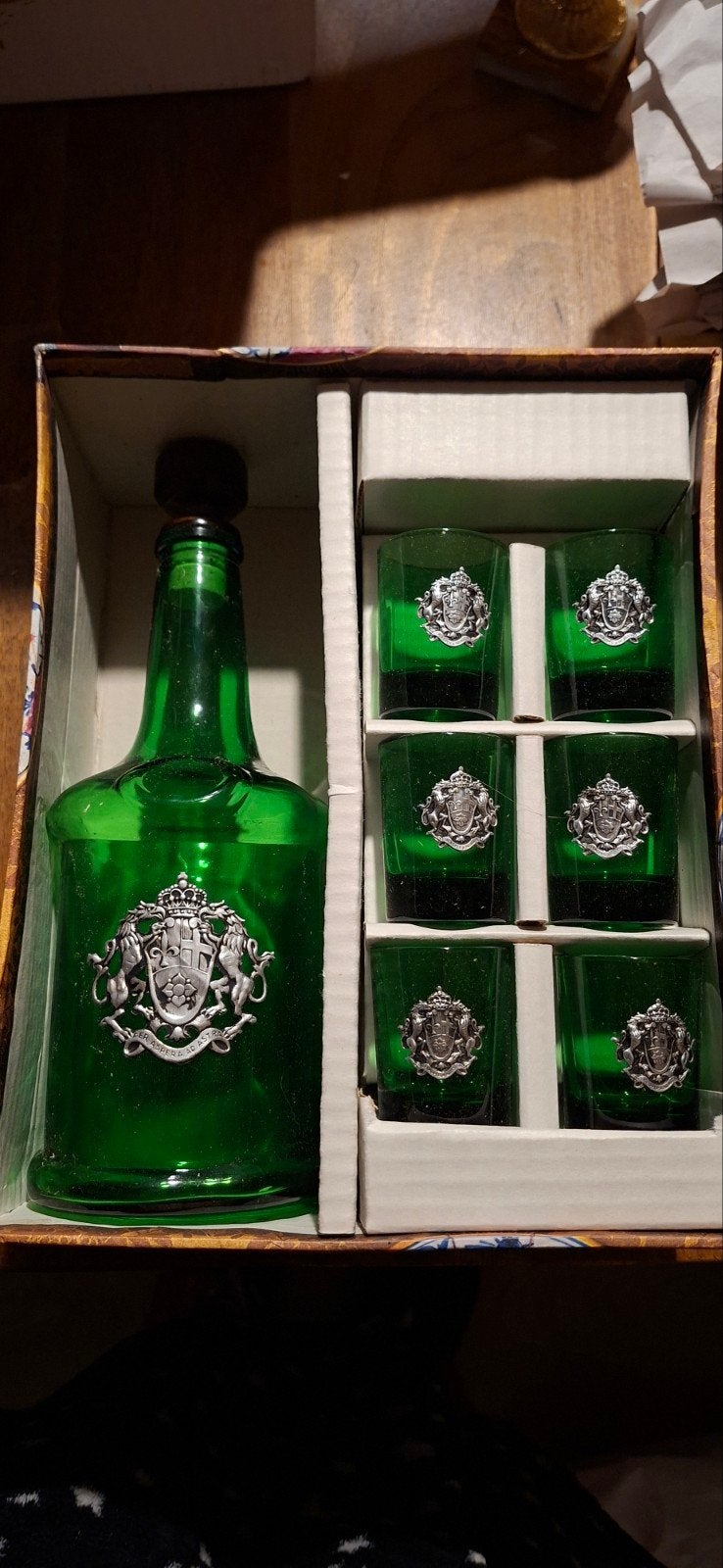 Vintage Groene Likeurset / Karaf met 6 Shotglaasjes (Tinnen, Antiek en Kunst, Ophalen of Verzenden