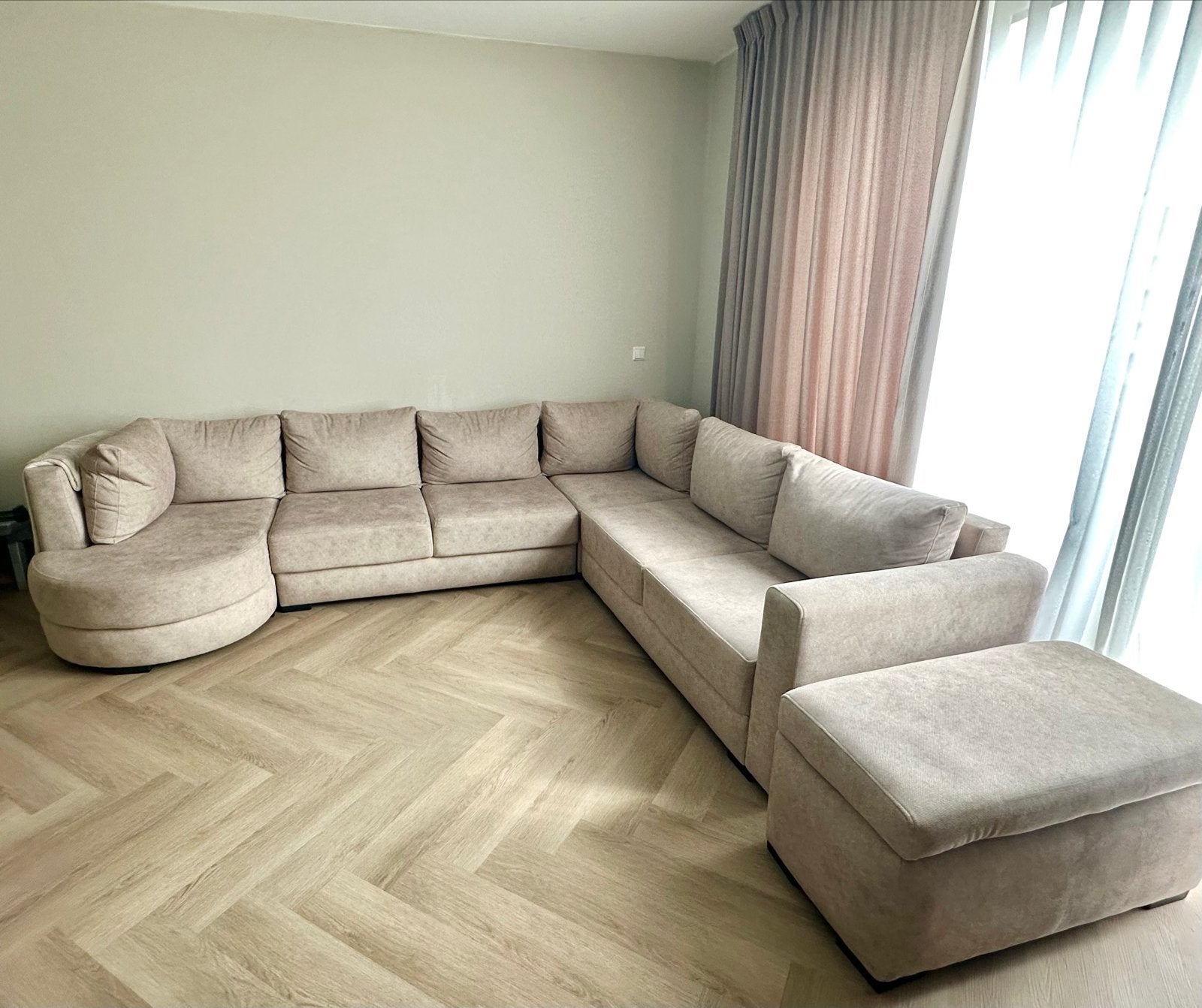 Grote hoekbank met chaise lounge en opbergpoef zgan, Ophalen, Hoekbank, 300 cm of meer, Zo goed als nieuw