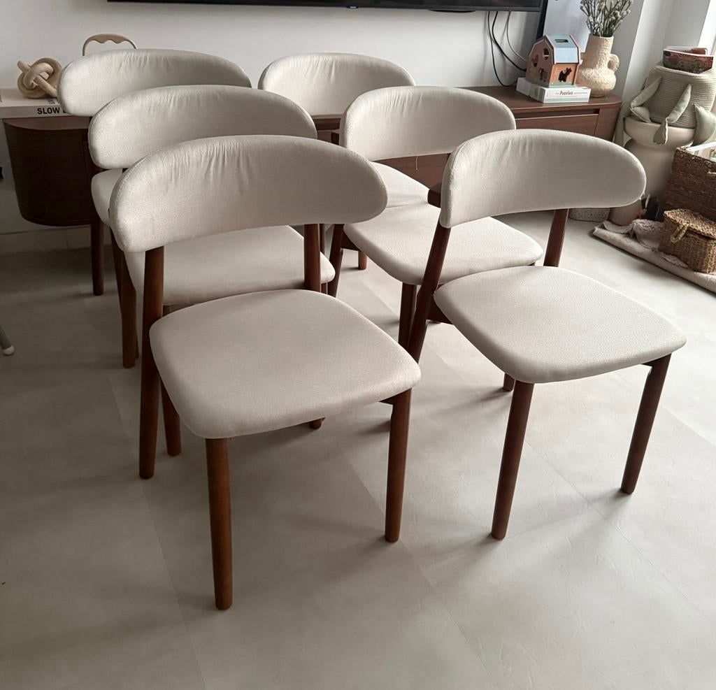 6 x Japandi eetkamerstoelen walnoot look met stof, Ophalen, Bruin, Zo goed als nieuw, Stof