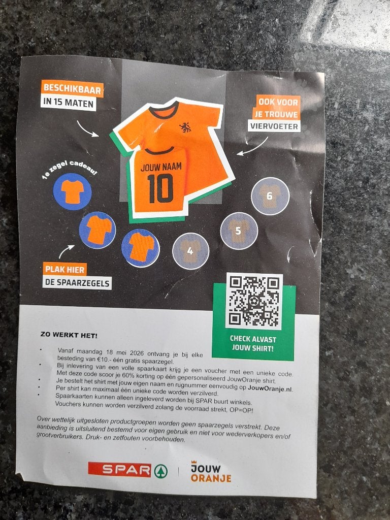 ACTIE SPAR  SPAREN VOOR ORANJE SHIRT MET RUGNUMMER, Verzamelen, Supermarktacties, Spar, Ophalen of Verzenden