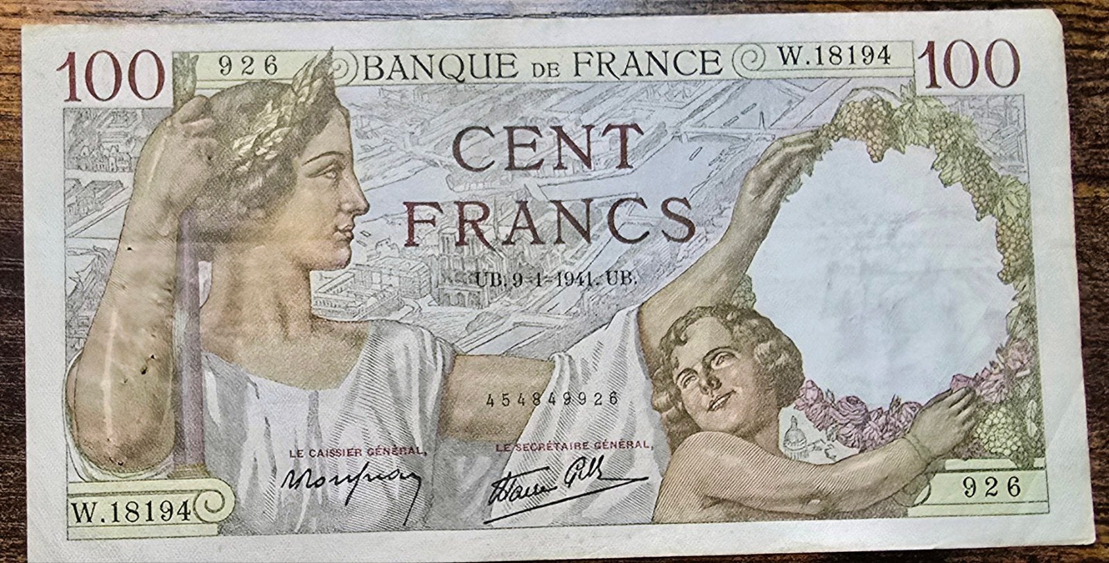 Zeldzaam Frans bankbiljet: 100 Francs 1941, Postzegels en Munten, Ophalen of Verzenden, Los biljet