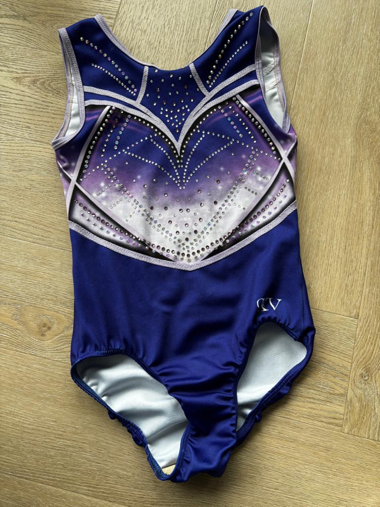 KV Leotards Turnpakje paars/blauw Maat CM (128-14, Paars, Zo goed als nieuw, Turnpak(je), Kindermaat 122 t/m 140