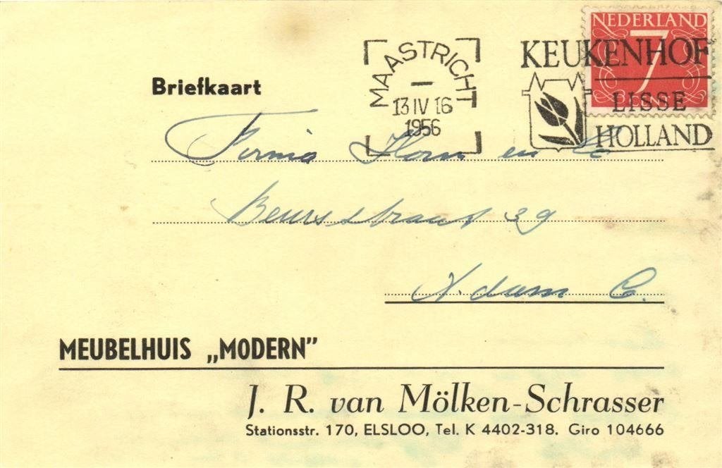 Meubelhuis Modern, Elsloo - 04.1956 - briefkaart, Ophalen of Verzenden, Briefkaart