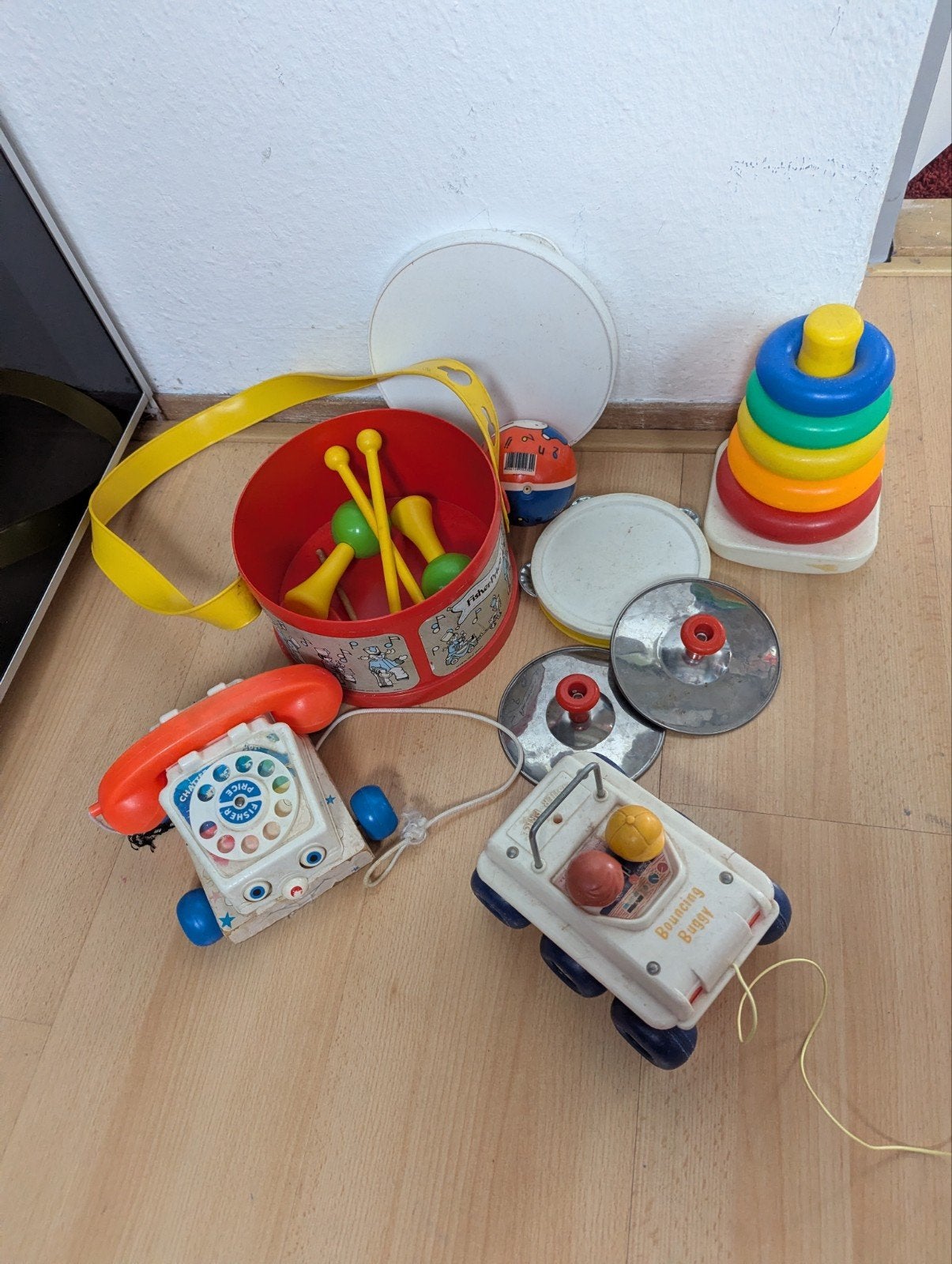 Vintage Fisher-Price Speelgoedset: Telefoon, Trommel, Auto, Ophalen of Verzenden, Gebruikt, Duw- of Trekspeelgoed, Met geluid