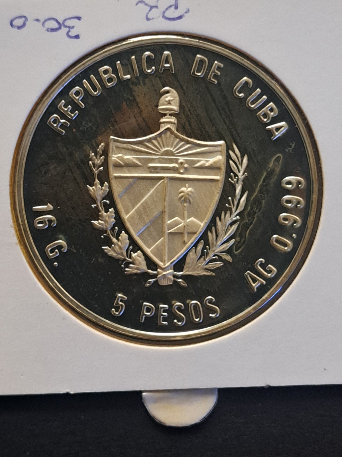 Cuba 5 pesos 1990 - 999 zilver, Ophalen of Verzenden, Midden-Amerika, Losse munt, Zilver