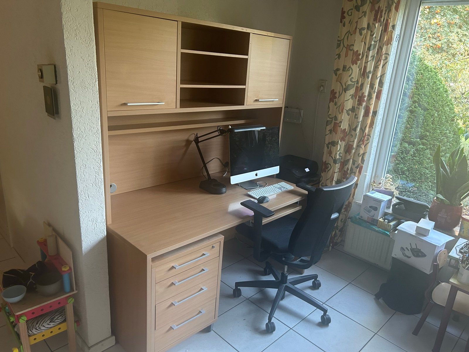 Bureau-kast combinatie met opbergruimte en lades, Gebruikt, Met lades, Spaanplaat of MDF, Bruin