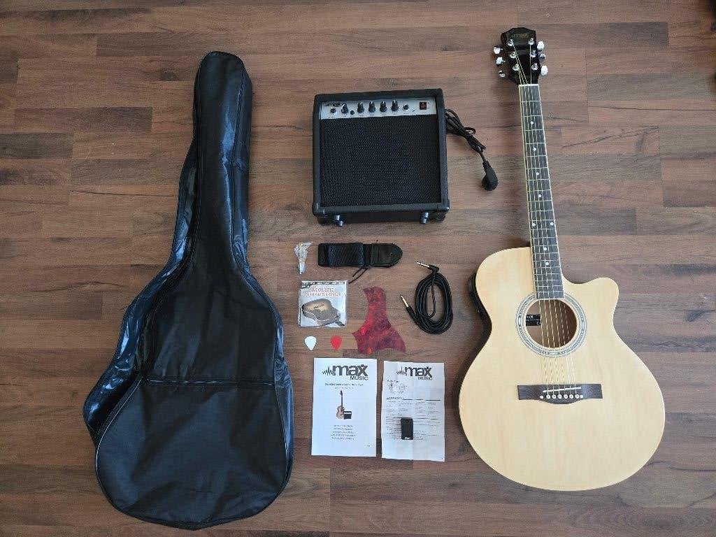MAX Music Elektrische Akoestische Gitaar set incl versterker, Semi-solid body, Met versterker, Zo goed als nieuw, Ophalen