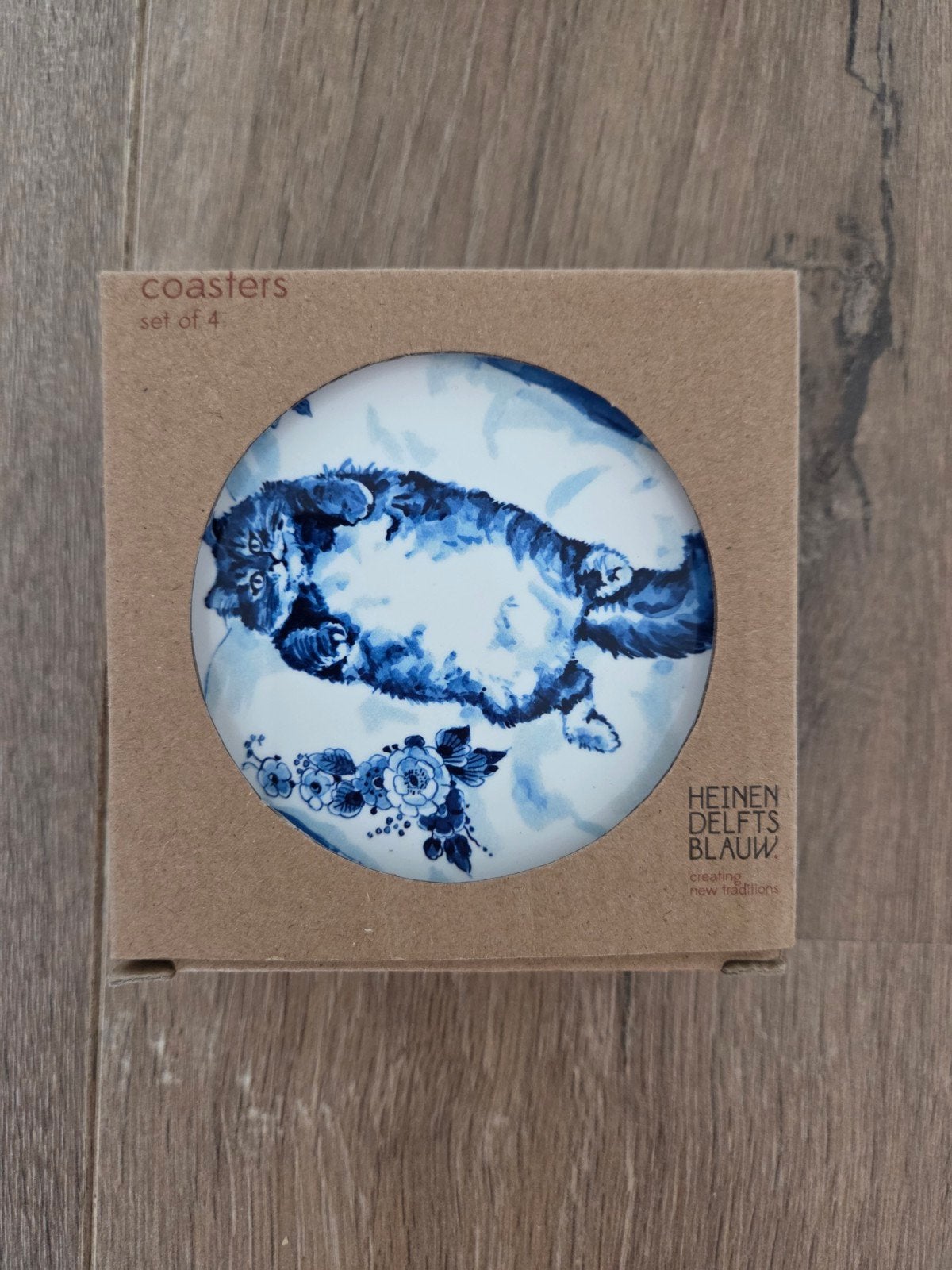 Heinen Delfts Blauw onderzetters met katten (set van 4), Ophalen, Nieuw