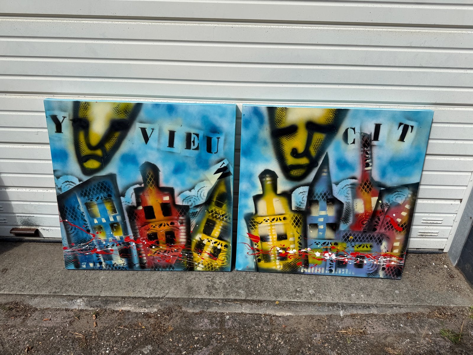 2 originele stadsgezichten van Fabian - 'City View', Antiek en Kunst, Kunst | Schilderijen | Modern, Ophalen of Verzenden, Gesigneerd
