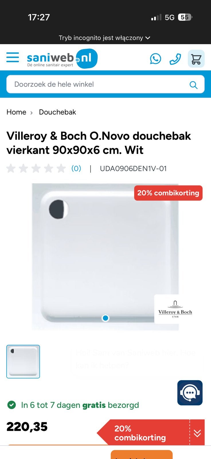 🔥🔥Villeroy & Boch O.Novo Douchebak Vierkant 90x90x6 cm Wit, Ophalen, Nieuw, Douche