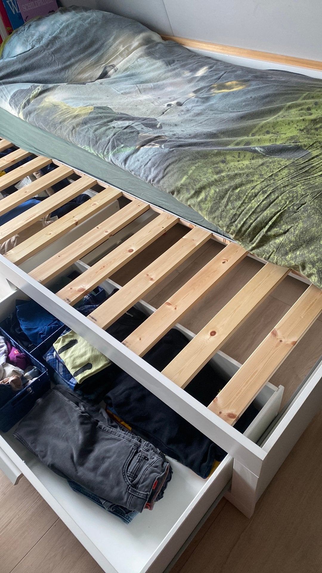 IKEA BRIMNES Bedbank met 2 lades en 1 matras, Ophalen, Gebruikt, Eenpersoons, Wit