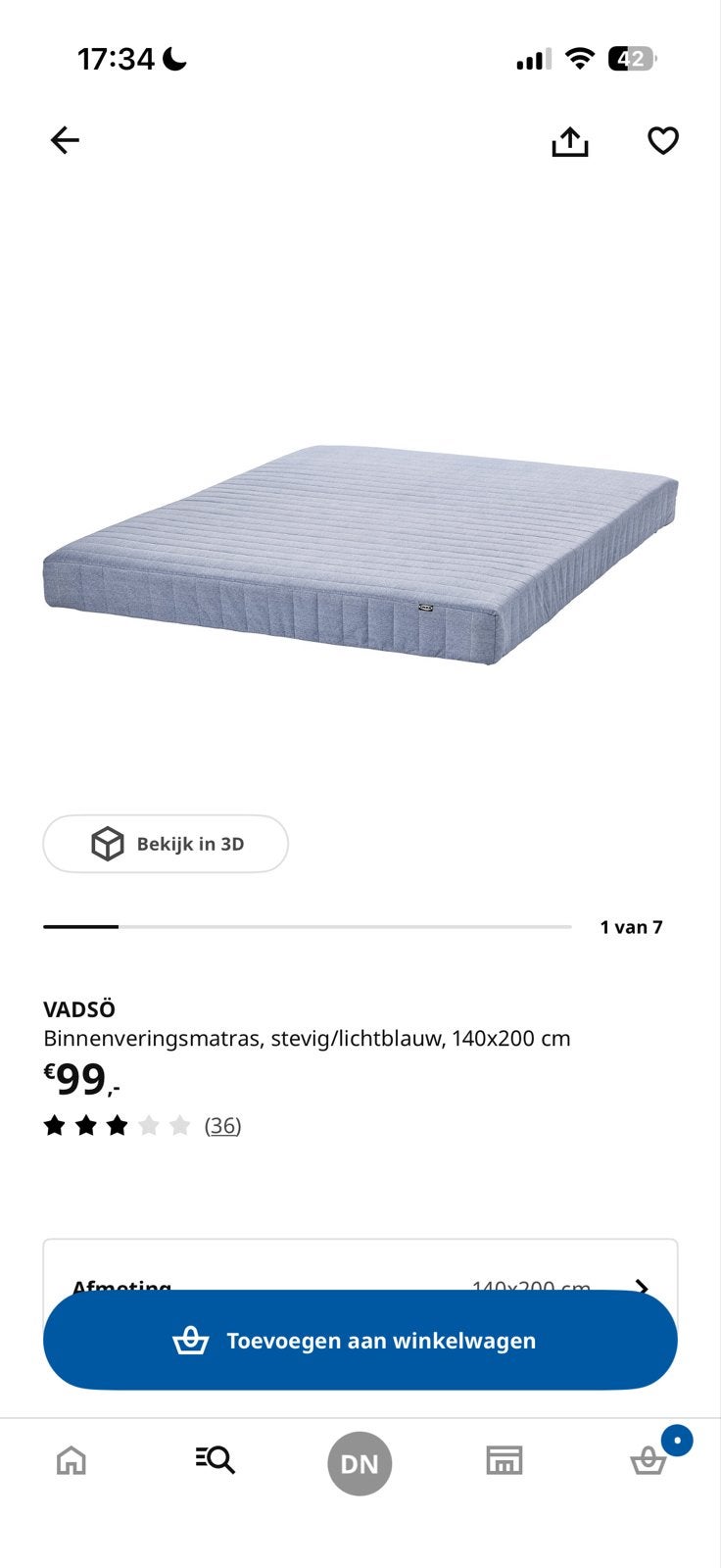 Ikea binnenveringsmatras, Ophalen, 140 cm, Zo goed als nieuw, Twijfelaar