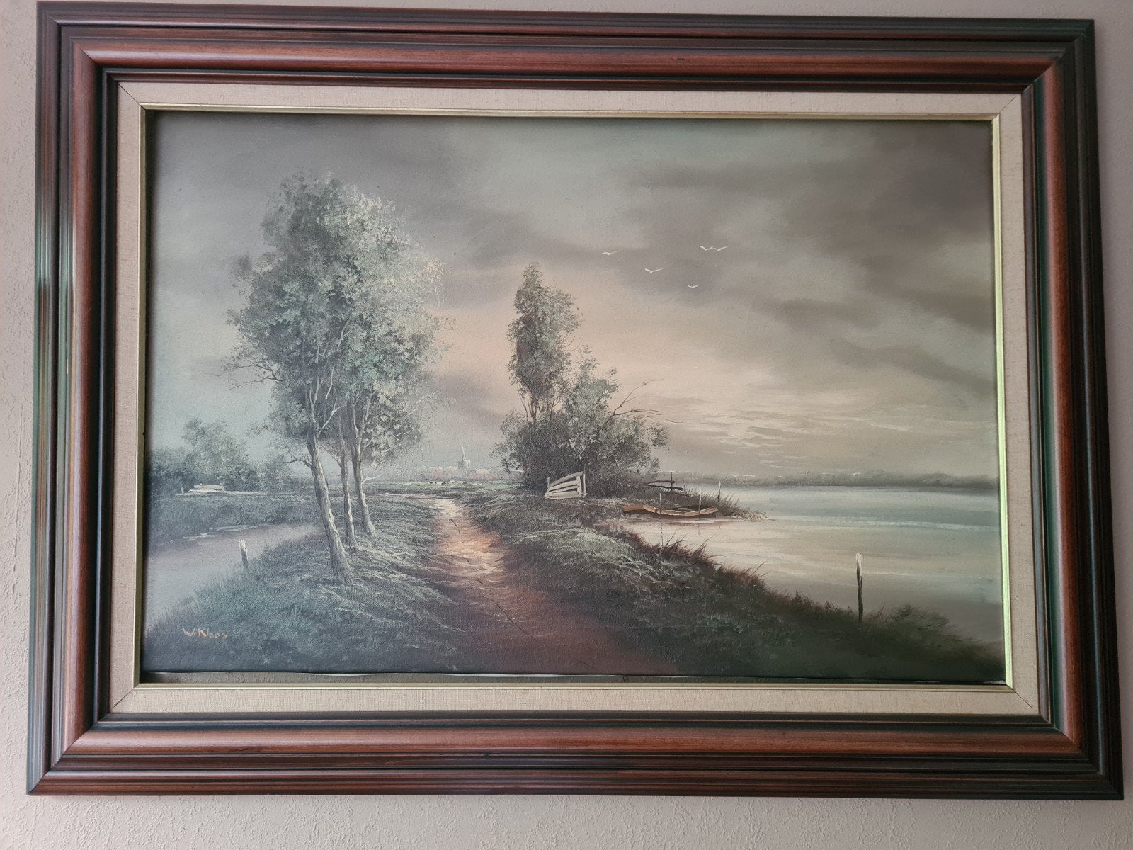 Schilderij W. Kloos - Hollands Landschap met Water, Antiek en Kunst, Ophalen