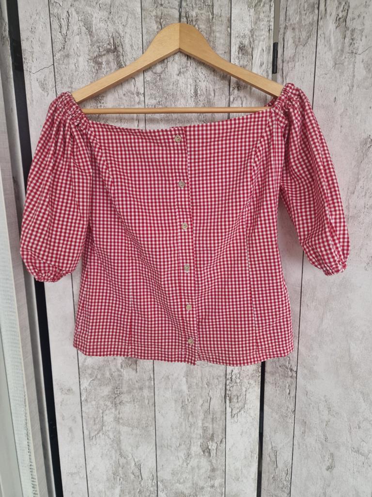 Rood-wit geruite off-shoulder top met pofmouwen, Maat 38/40 (M), Nieuw, Ophalen of Verzenden, Korte mouw