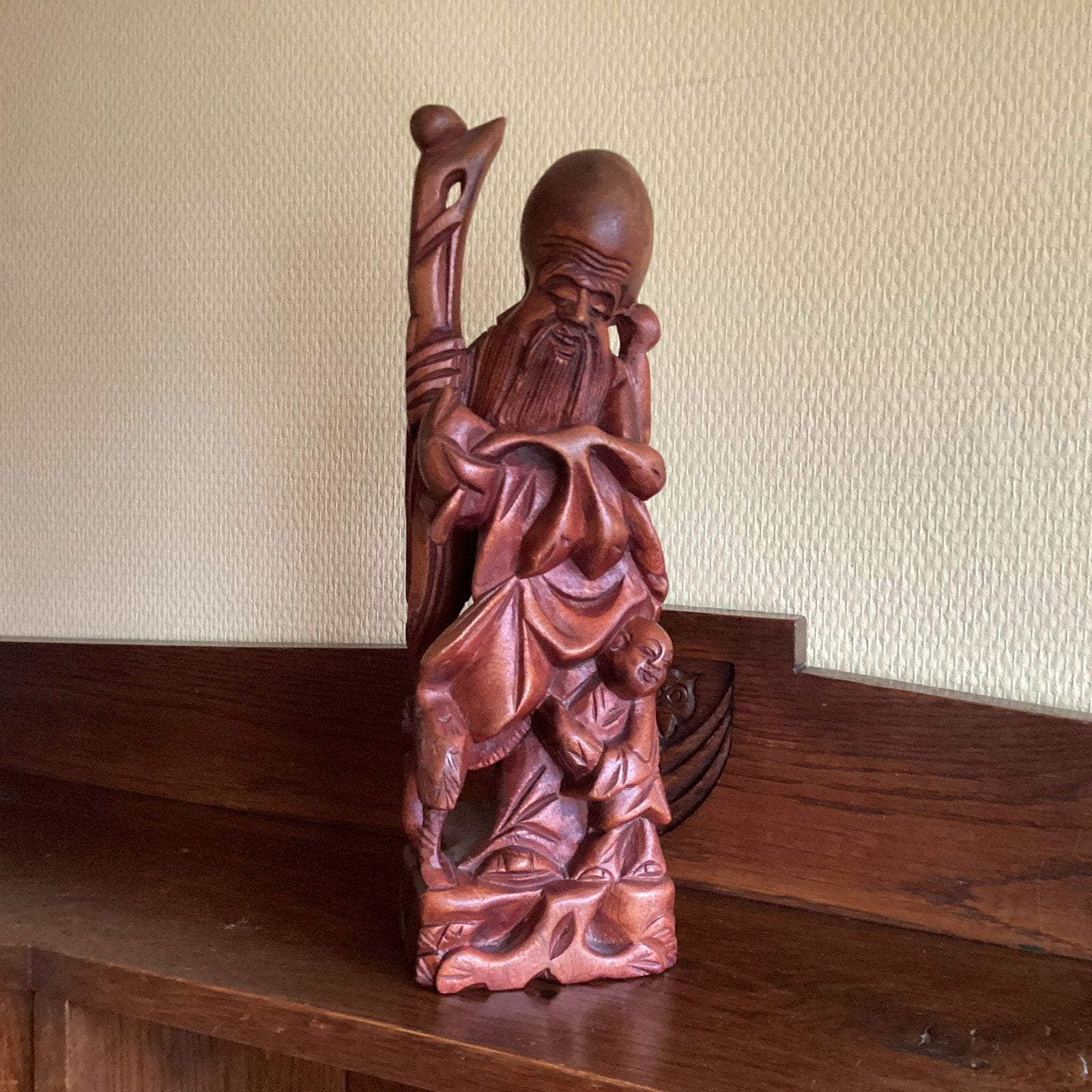Oud Chinees houten beeld van Shou Xing met kind, 30H, 12,5 €, Ophalen of Verzenden, Handgemaakt, 20 - 50 cm, Beeld