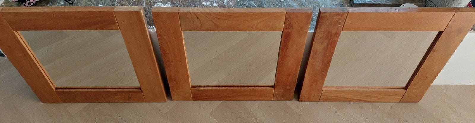 Teak houten spiegels - 3 stuks, Huis en Inrichting, Woonaccessoires | Spiegels, Ophalen, Vierkant, Zo goed als nieuw, Minder dan 100 cm