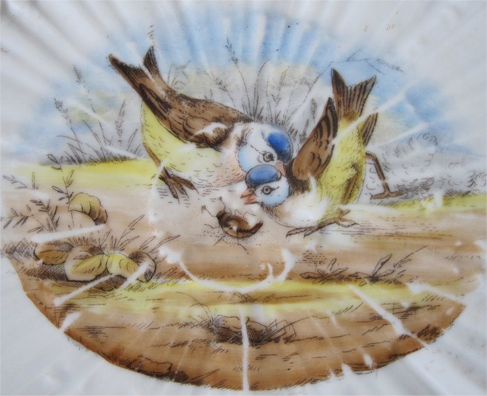 Antieke onderzetter van porselein versierd met vogels, Ophalen of Verzenden
