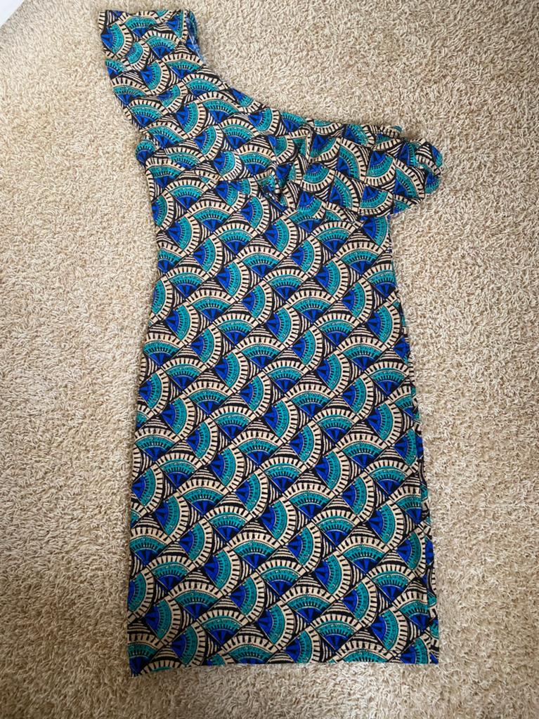 Van der rock One shoulder jurk peacock mt.xs/S, Kleding | Dames, Blauw, Ophalen of Verzenden, Zo goed als nieuw, Maat 34 (XS) of kleiner
