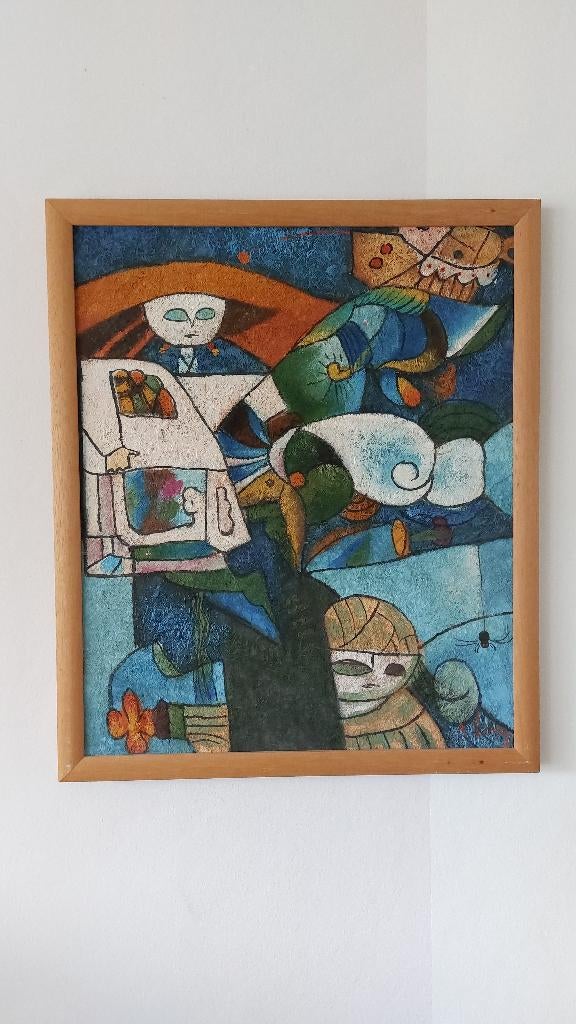 B. Long – “Levendige Abstracte Figuren” - Schilderij, Antiek en Kunst, Kunst | Schilderijen | Abstract, Ophalen of Verzenden