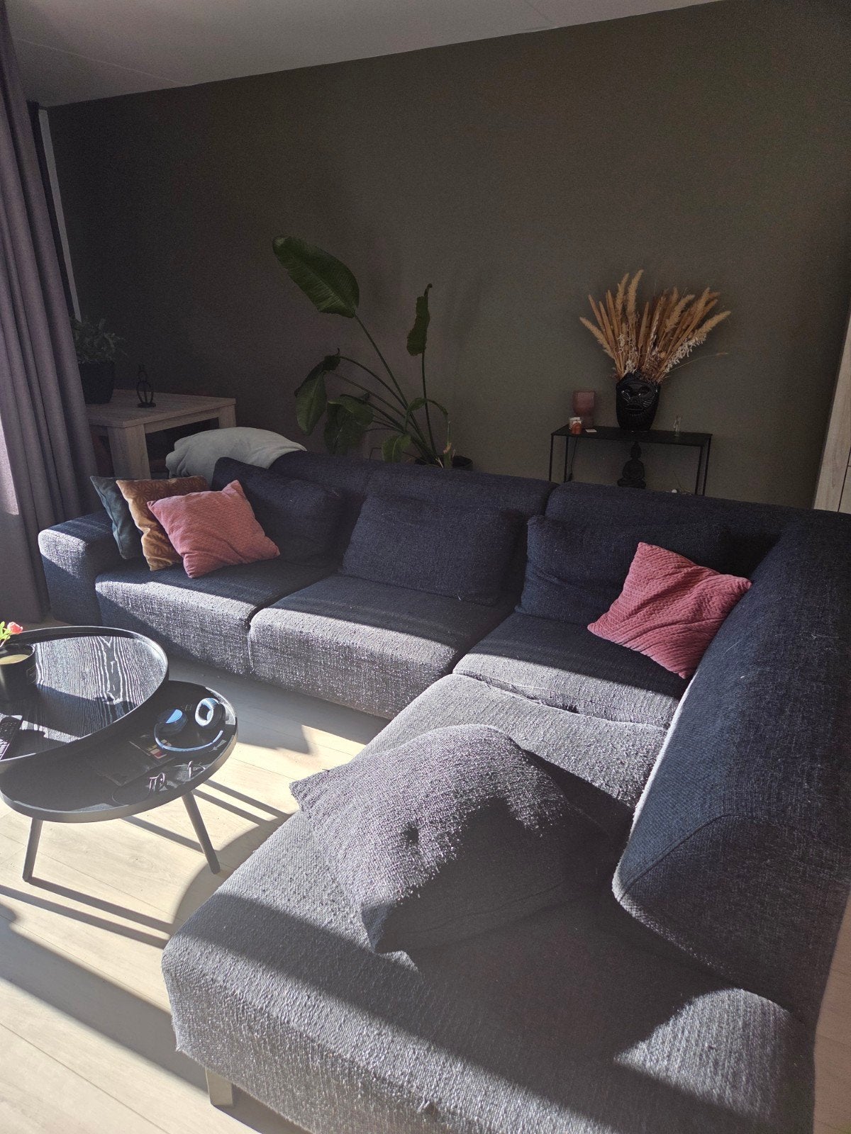 graGrote hoekbank met chaise longue, donkergrijs, Huis en Inrichting, Banken | Bankstellen, Ophalen, 250 tot 300 cm, Gebruikt