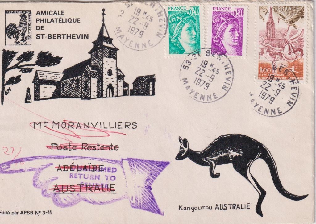Frankrijk Al 029 1979 Australie Adelaide RETOUR Kangoeroe, Postzegels en Munten, Brieven en Enveloppen | Buitenland, Verzenden